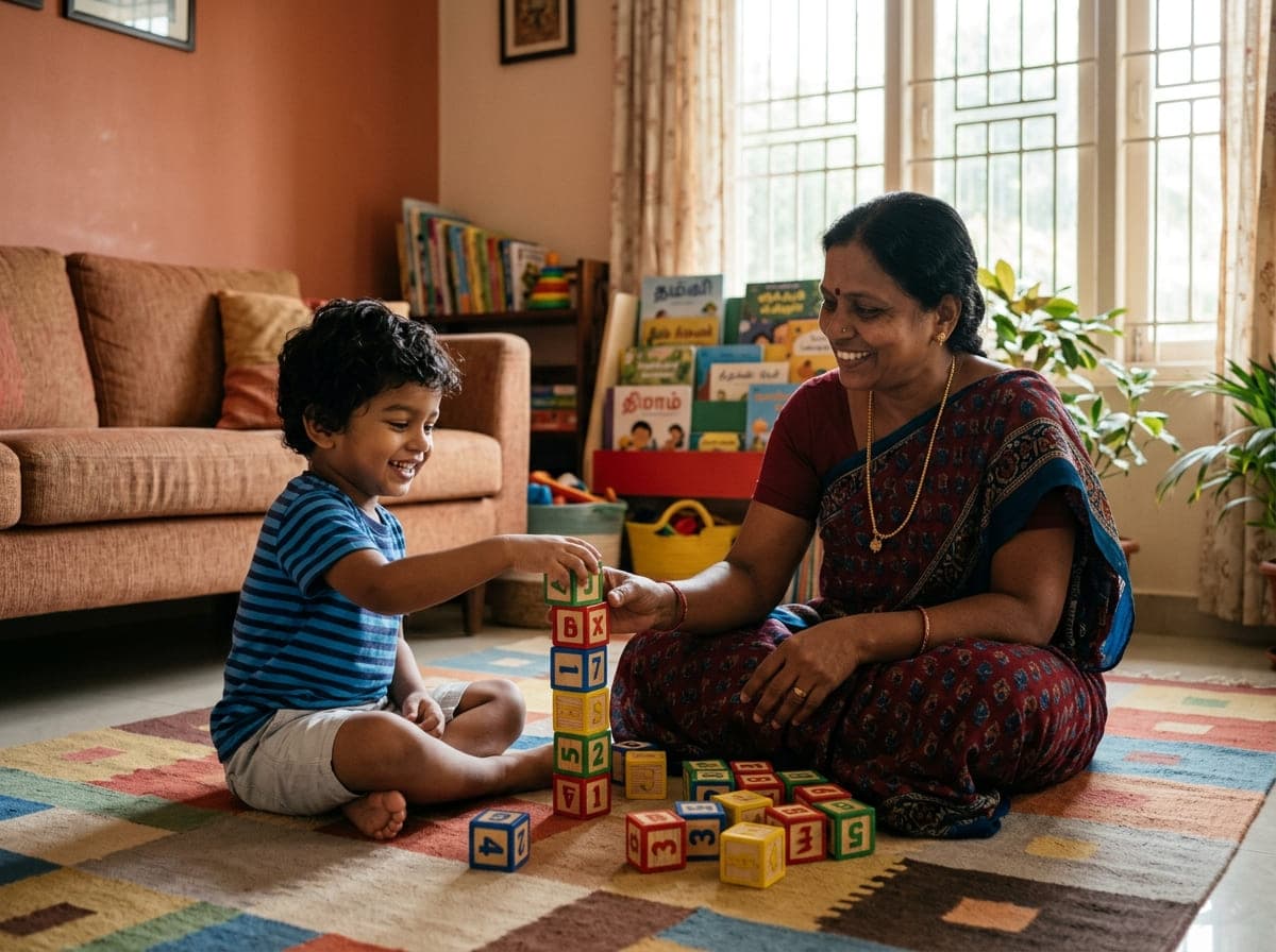 Friendly Indian baby caretaker playing educational blocks with a toddler child in a Chennai home