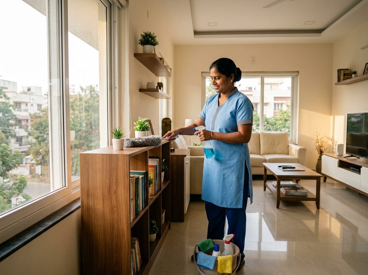 Dedicated Indian domestic helper cleaning and dusting a bright modern apartment in Chennai