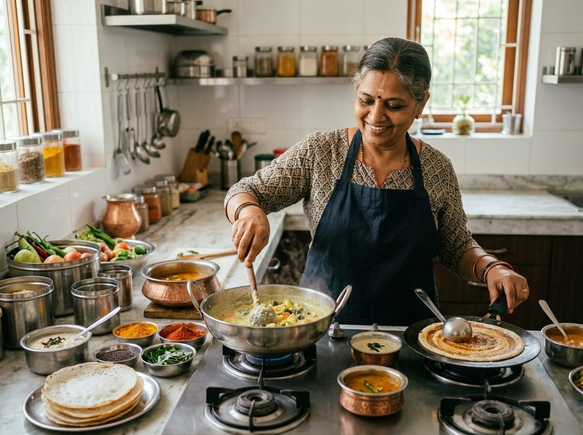 A home cook preparing a warm South Indian meal