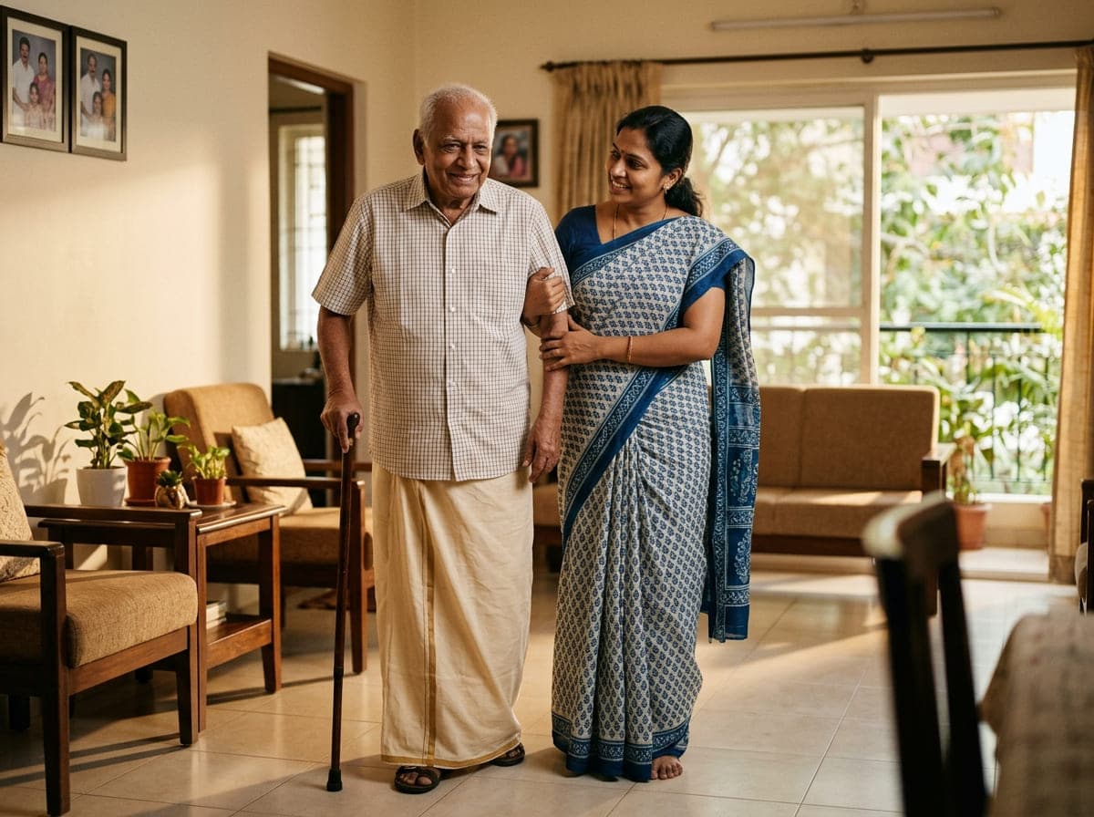 An elderly gentleman smiling with his caregiver