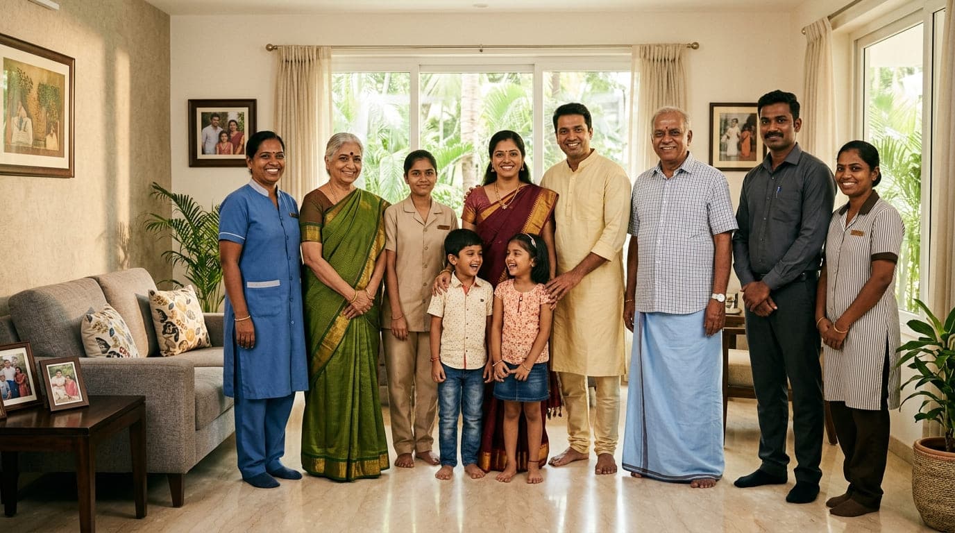 A Chennai household with a domestic helper placed by Colours Life Manpower Agency